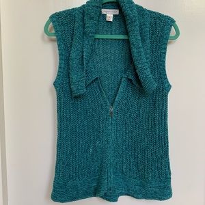 Teal Woven petite knitted zip-up sweater vest.